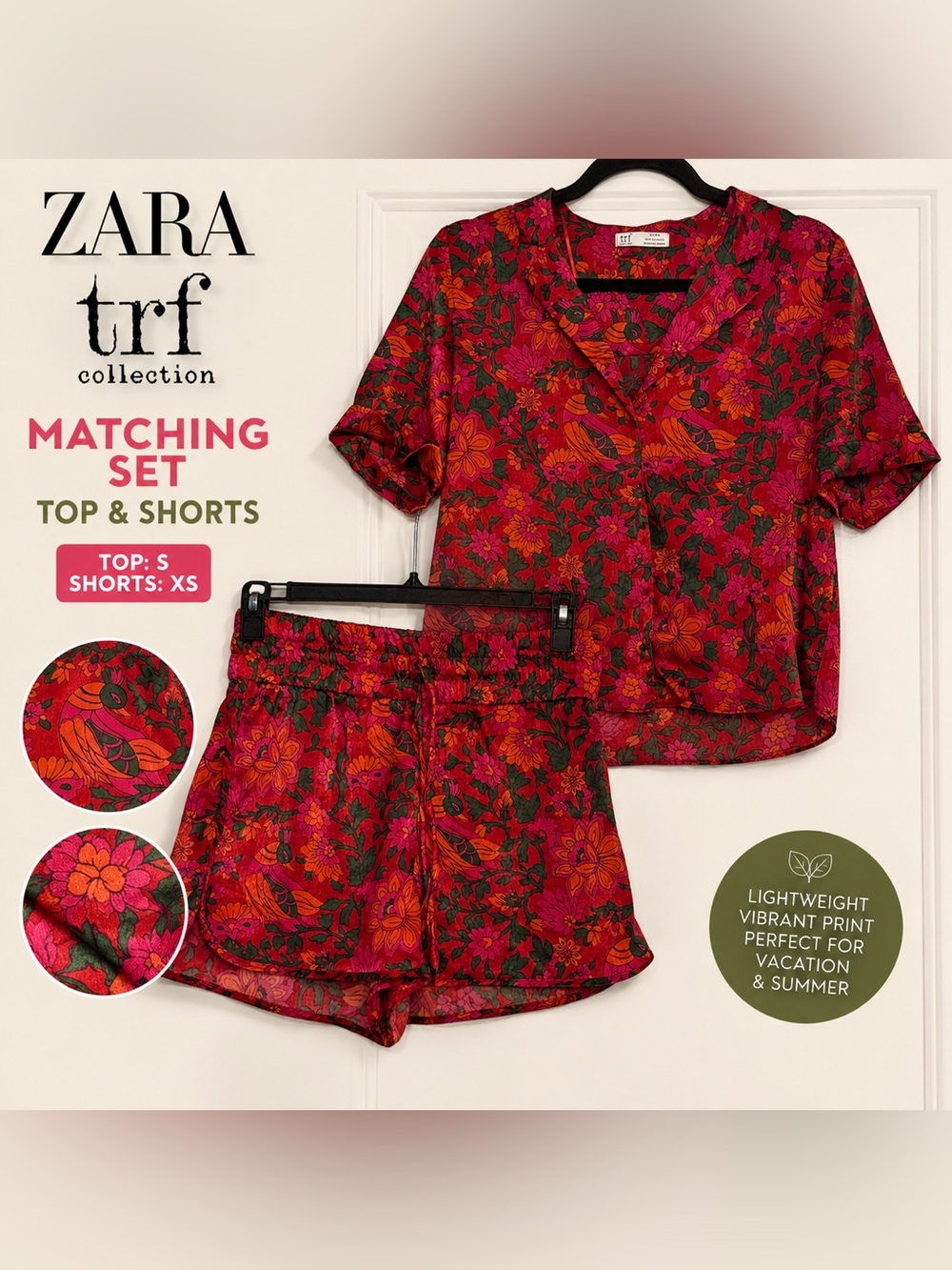 Zara TRF Floral Bird Print Matching Lounge Set XS Top S Shorts